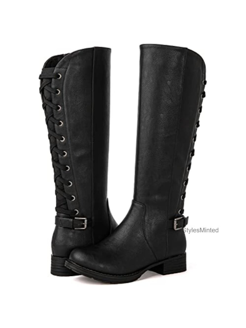 Women's Faux Leather Lace-Up Knee High Boots Low Heel